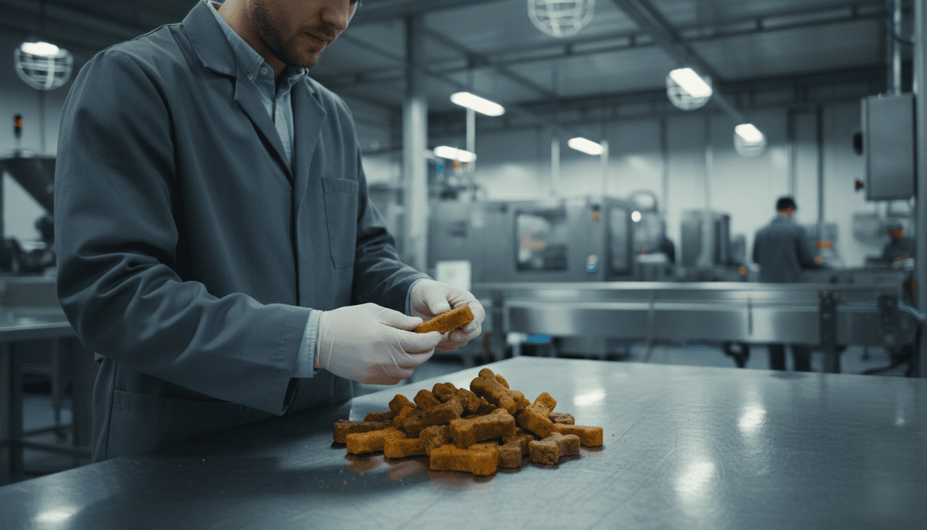 Quality control specialist inspecting organic pet snacks at production facility