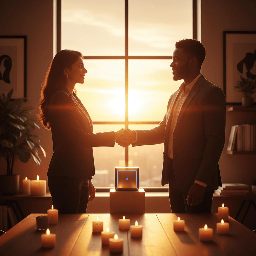 Professional partnership handshake with product sample