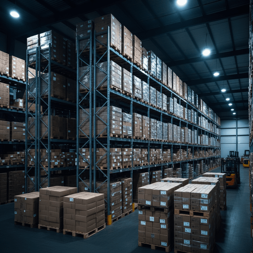 Organized warehouse storage showing bulk product inventory and logistics