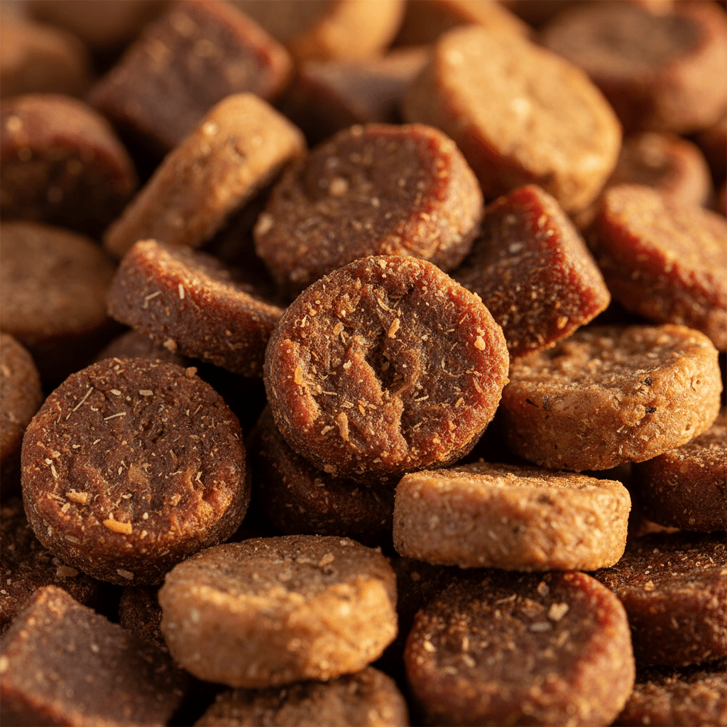 Close-up detail of organic pet snack ingredients showing texture and quality
