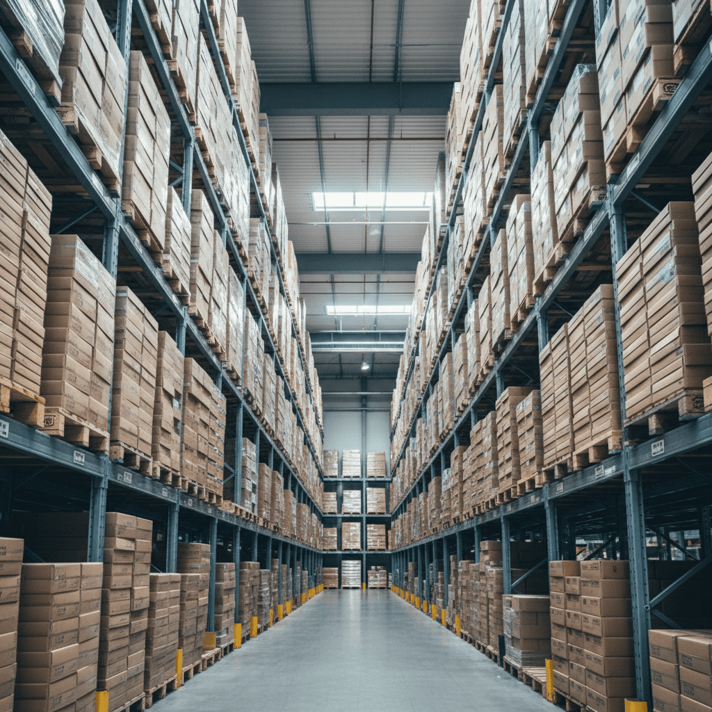 Bulk kraft paper cases stacked in organized warehouse storage