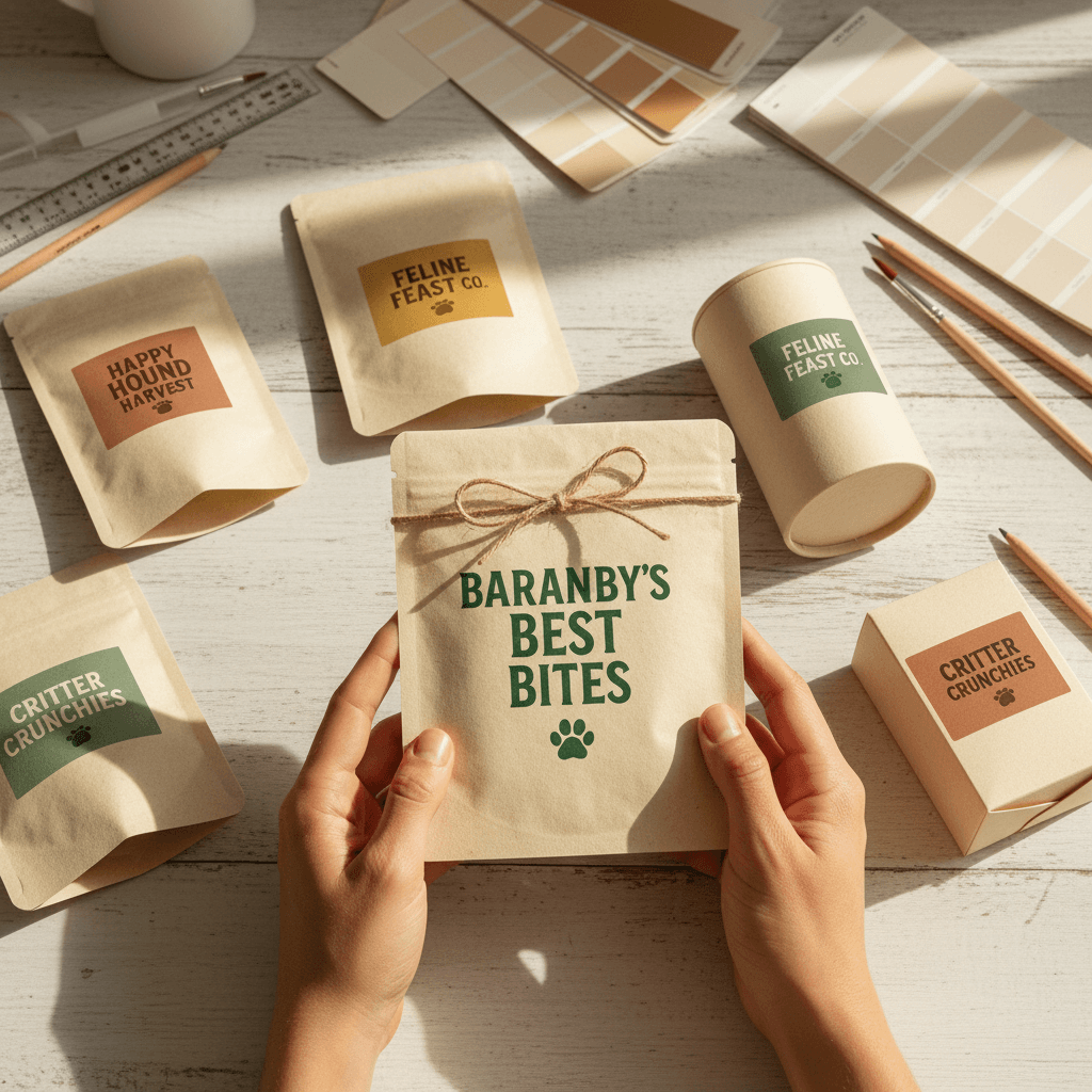 Custom branded pet snack packaging with private label designs displayed