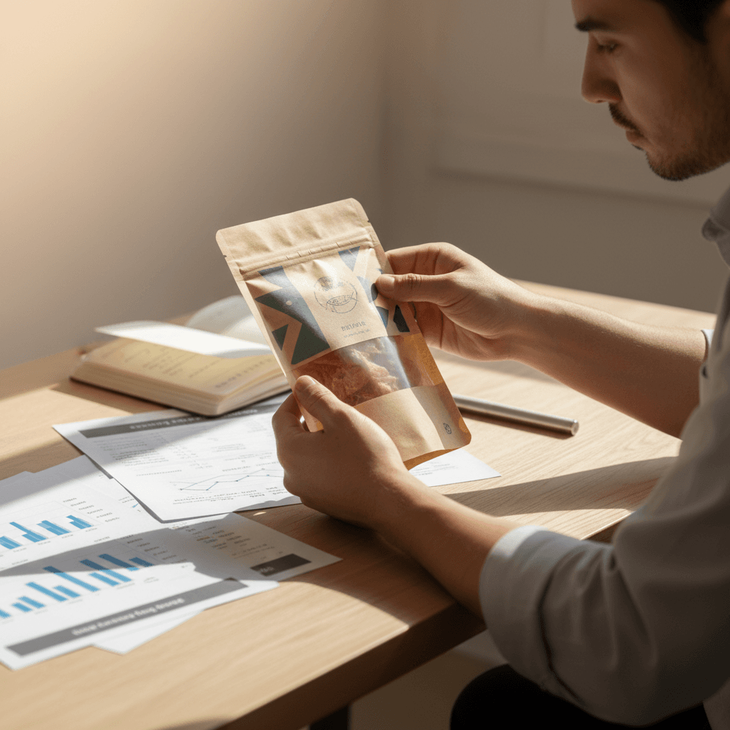 Sourcing professional examining premium organic pet snack packaging