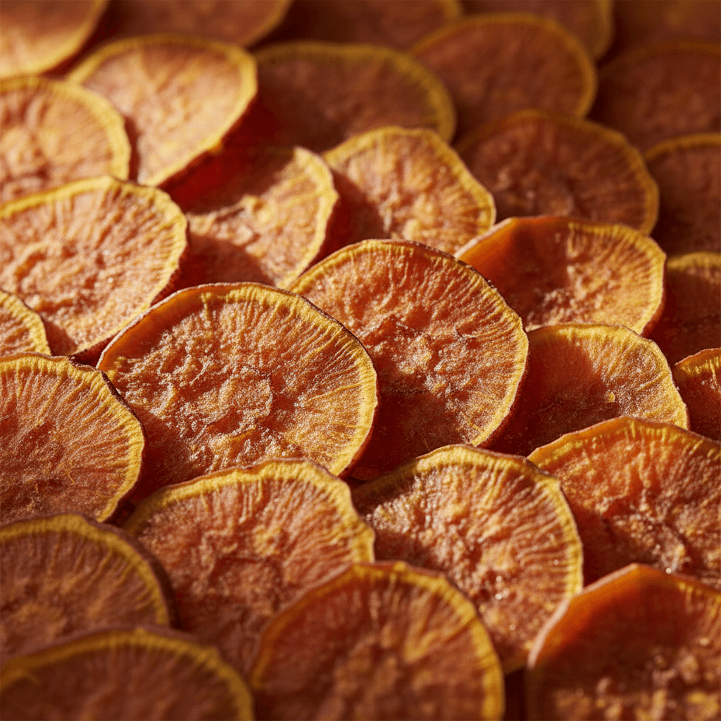 Golden dried sweet potato chews with natural texture