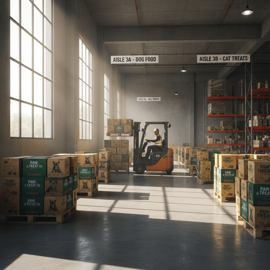 Organized bulk pet snack inventory in Miami warehouse ready for distribution
