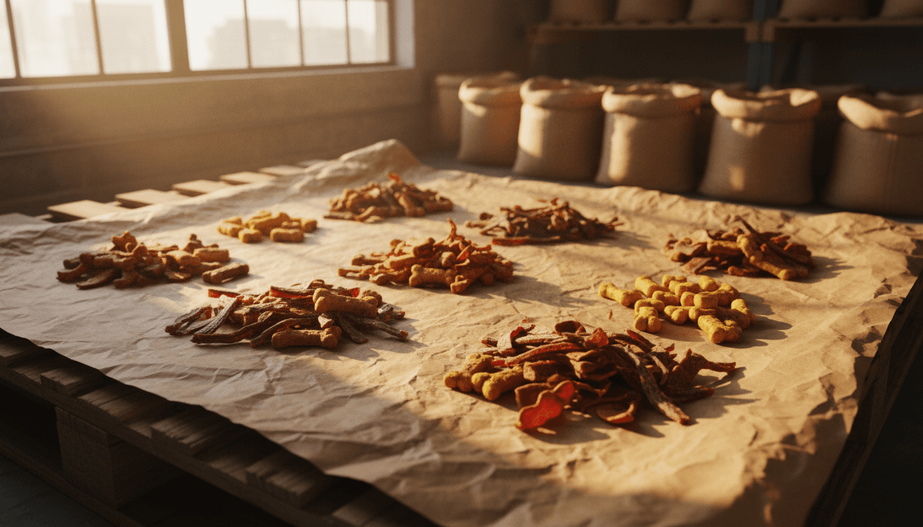 Premium organic dry pet snacks displayed in Miami warehouse