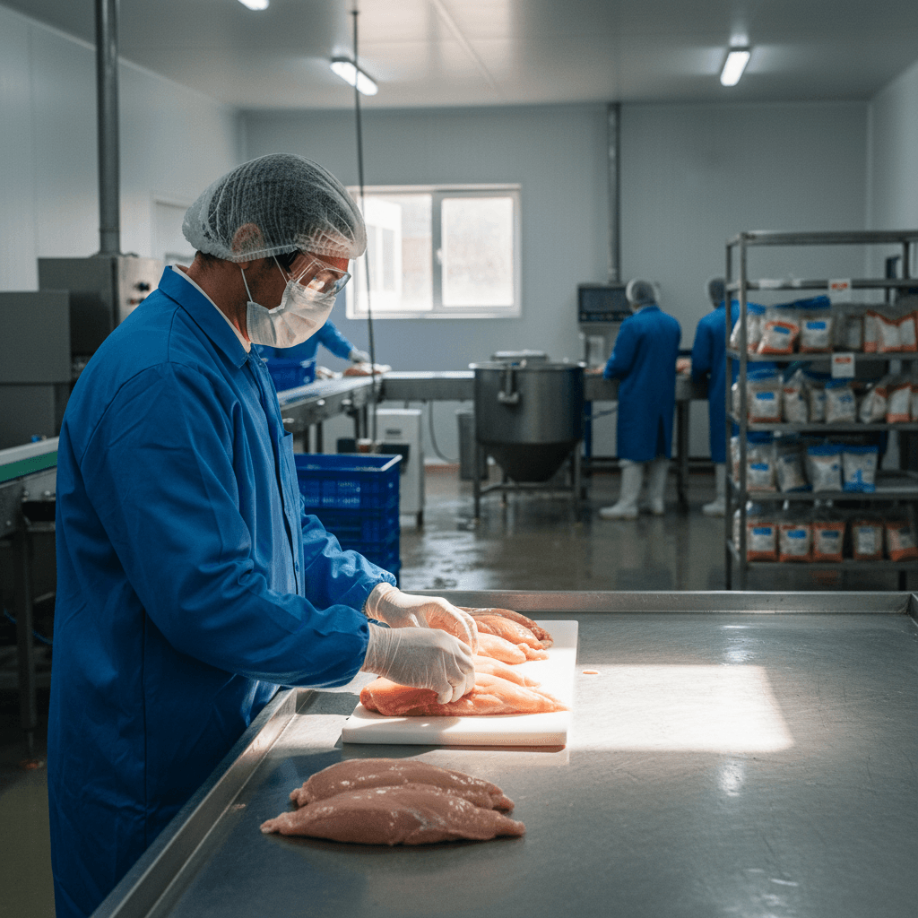 Quality control inspection of organic pet snack ingredients at Brazilian processing facility