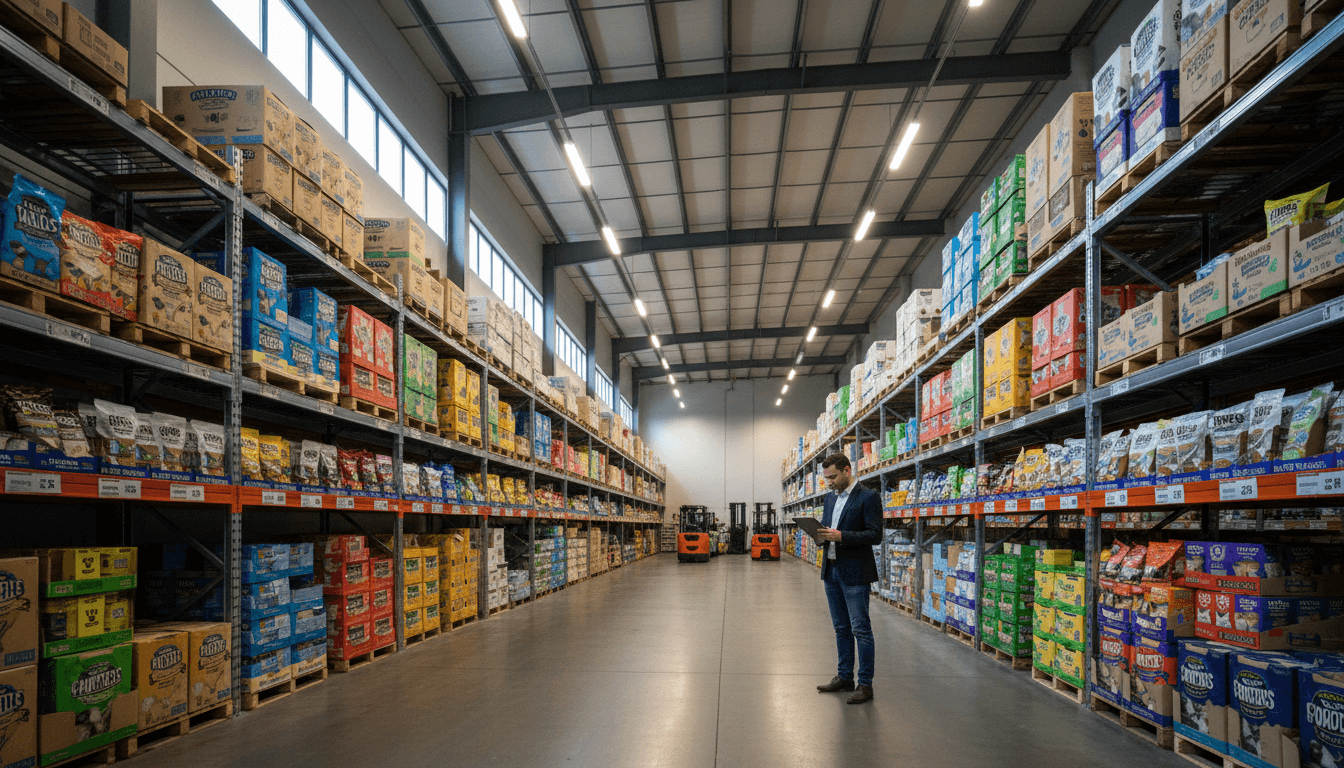 Modern warehouse interior with organized inventory and professional sourcing manager