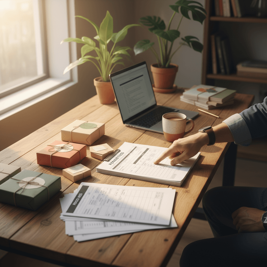 Miami office workspace with product samples and documentation