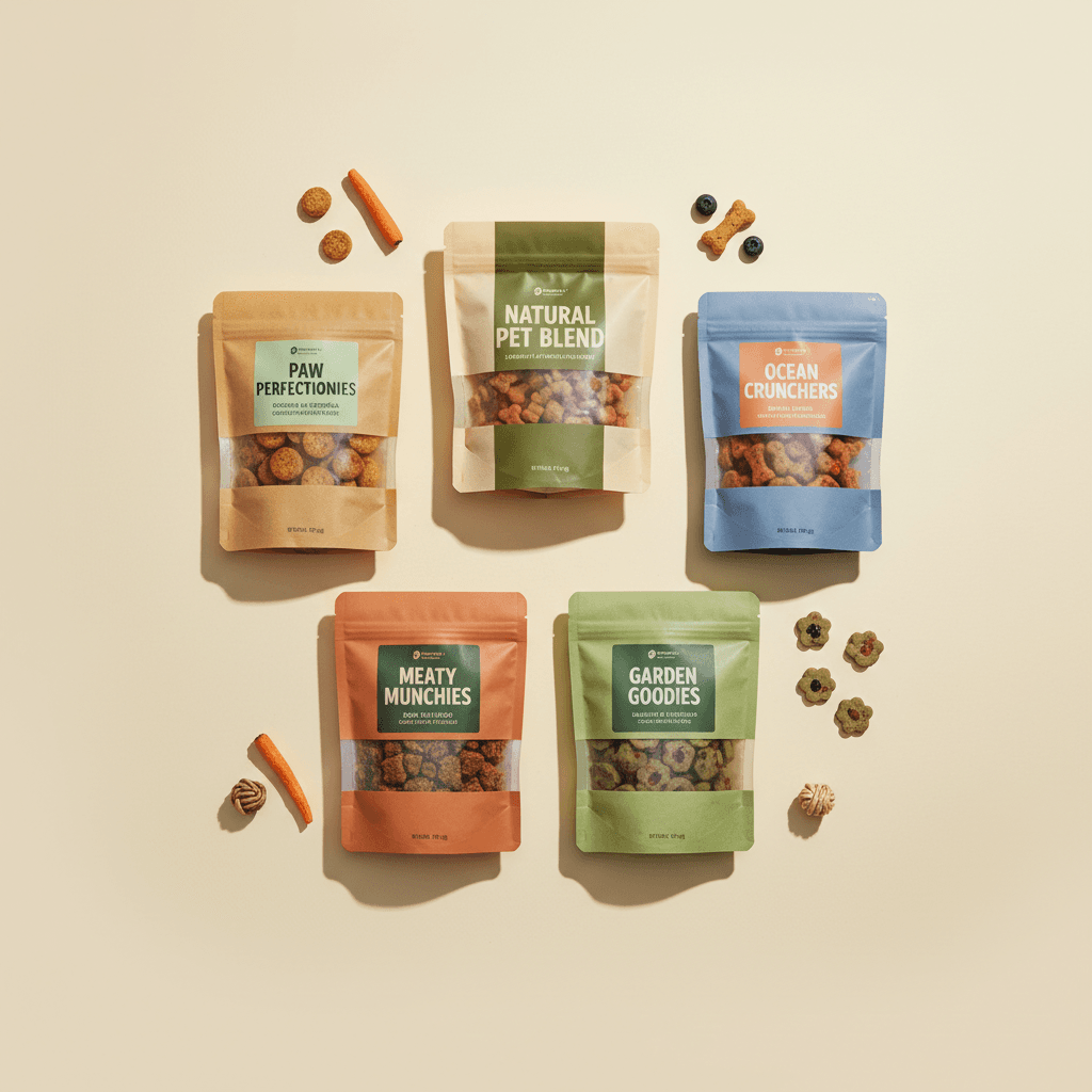 Multiple organic pet snack product varieties arranged for comparison