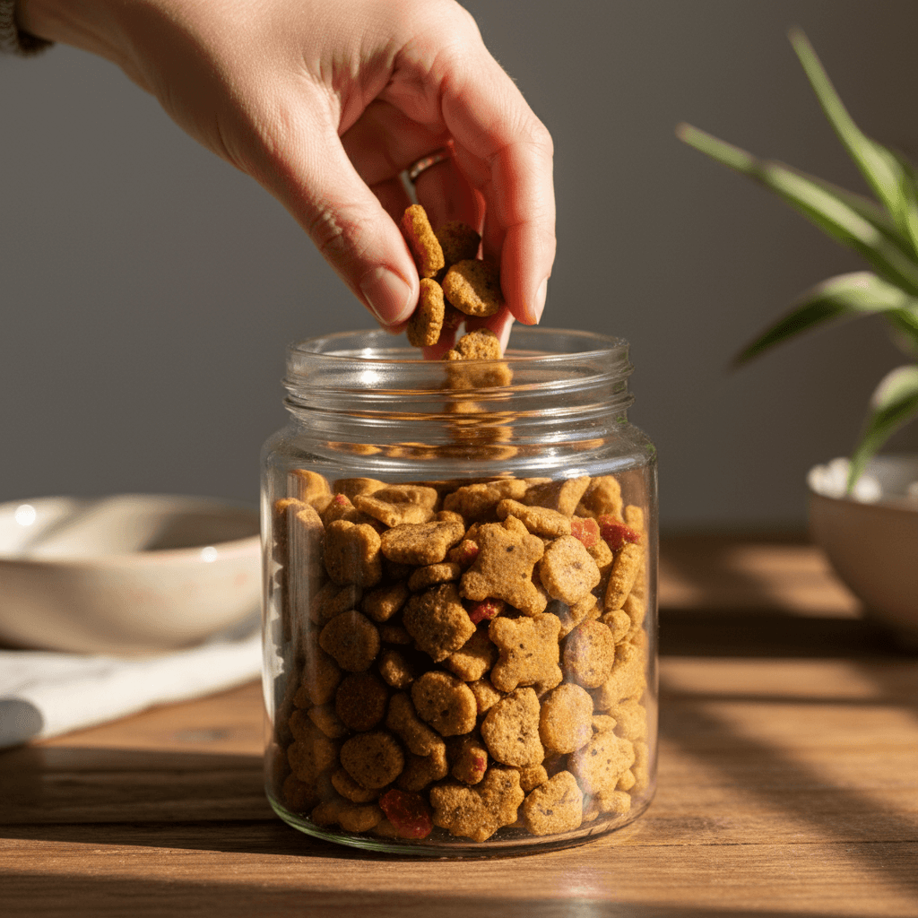 Organic pet snacks close-up with natural lighting