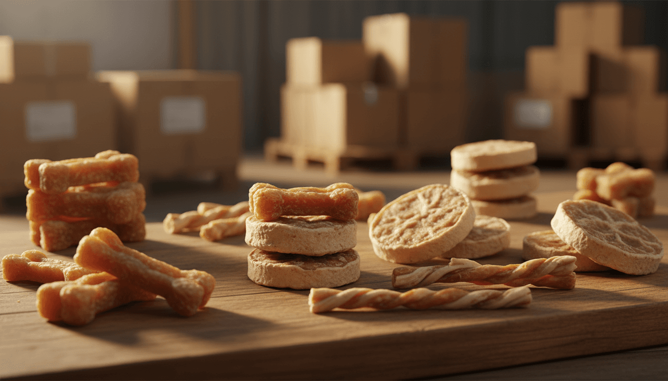 Premium organic dried pet snacks displayed on natural wood surface with warehouse backdrop