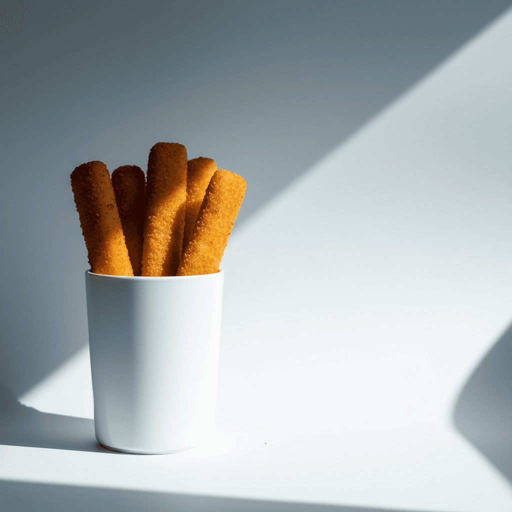 Golden fish meal sticks displayed in clean minimalist styling