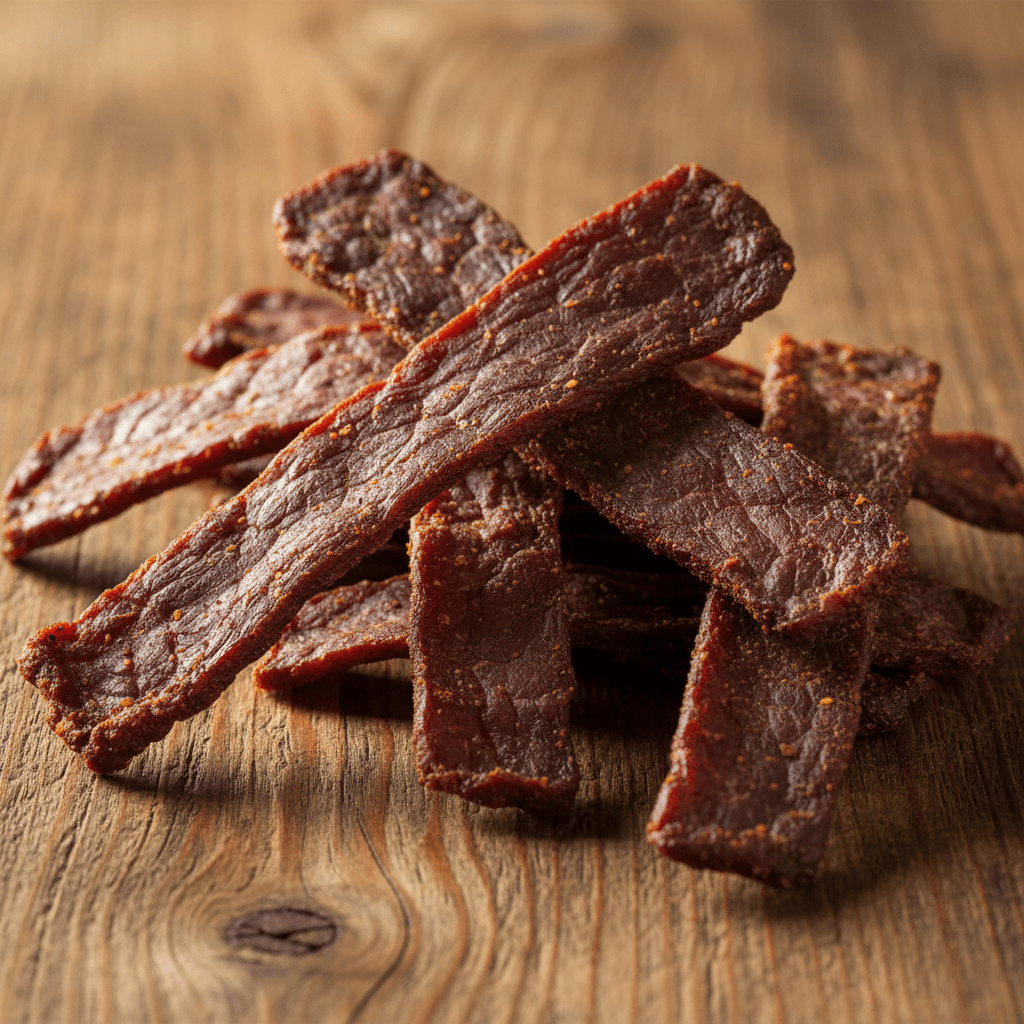 Premium beef jerky strips with visible grain texture
